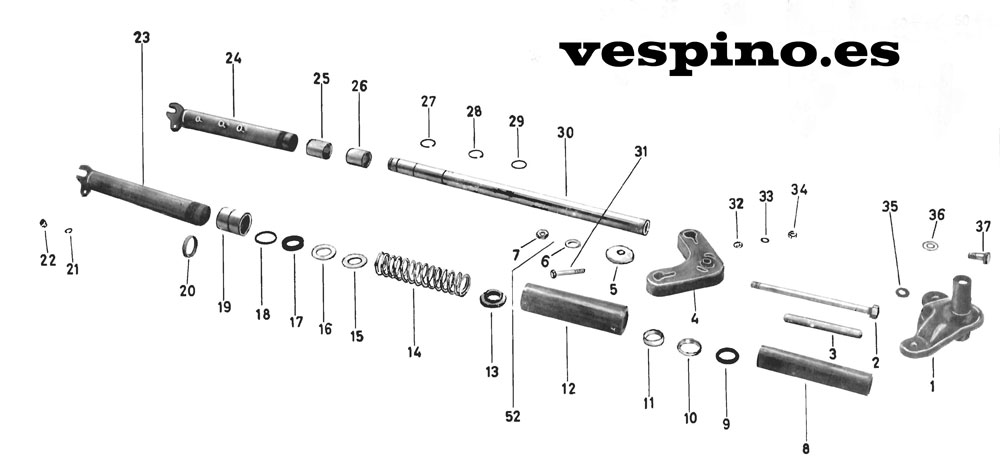 Vespino. Horquilla primer modelo. Despiece